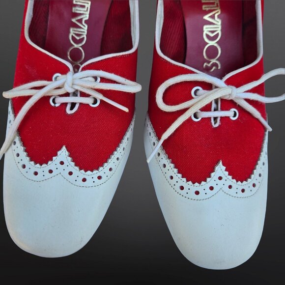 Vintage Socialites Spectator Heels Pumps Size 8 Red White 70s Does 40s Lace Up - Picture 3 of 11
